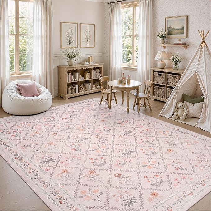 DCX Washable 6x9 Pink Floral Rug for Girls Bedroom | Soft Cottagecore Rug for Baby Girl Nursery, Non Slip Low Pile, Kid & Pet Friendly Vintage Botanical Carpet
