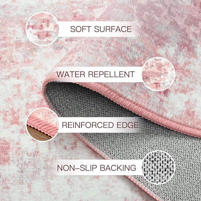 5x7 Pink Washable Area Rug for Living Room Bedroom, Modern Abstract Non-Slip Rugs, Low Pile Soft Stain Resistant Carpet for Dining Room, Office, Dorm Decor