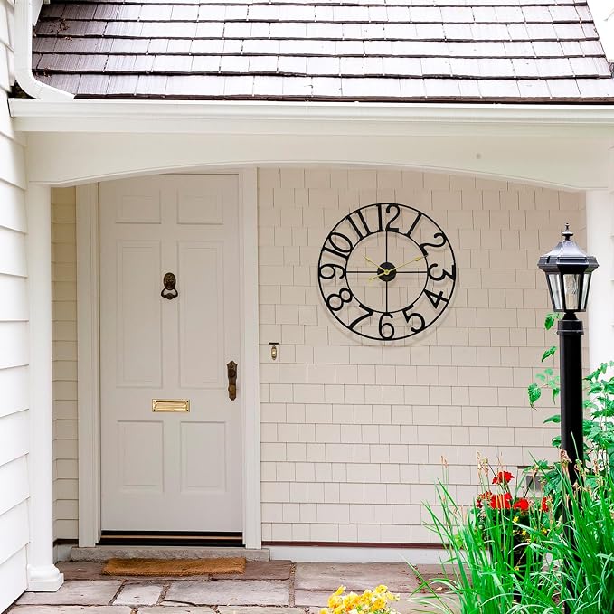 24 in Large Outdoor Clock – Retro Outdoor Indoor Wall Clock for Patio/Pool Area – Farmhouse Decorative Outdoor Clocks Sient Battery Operated – Vintage Industrial Outside Clock for Garden, Backyard