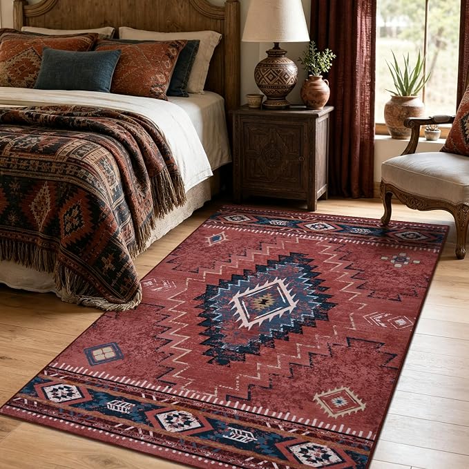 Yinhua 3x5 Entryway Rug Washable, Rust Western Area Rug Low-Pile | Non-Slip Aztec Rugs with Rubber Backing, Ultra Soft Fall Carpet Stain Resistant for Bedside Office Hallway