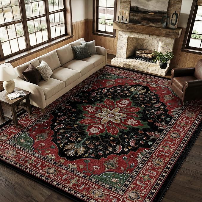 RELEANY Washable Area Rug, 8'x10', Red/Black | Non-Slip, Water Repellent, Pet Friendly, Easy to Clean, Vintage Floral Boho Decor for Living Room Bedroom Dining Room