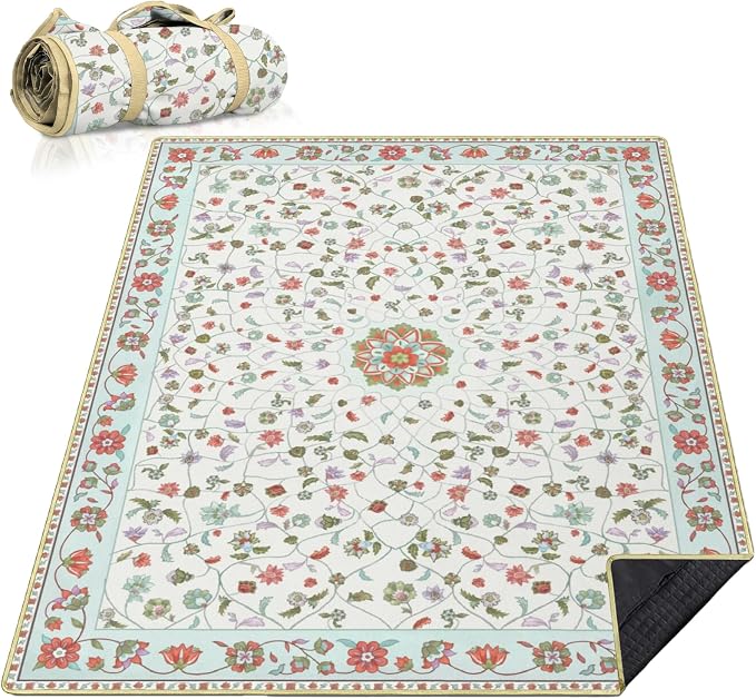 Picnic Blankets Extra Large Waterproof, 80"x 60" Boho Floral Beach Mat with Corner Pockets Windproof Sandproof Foldable Portable 3-Layer Mat for Wet Grass,Parks,Music Festival,Camping,Concerts