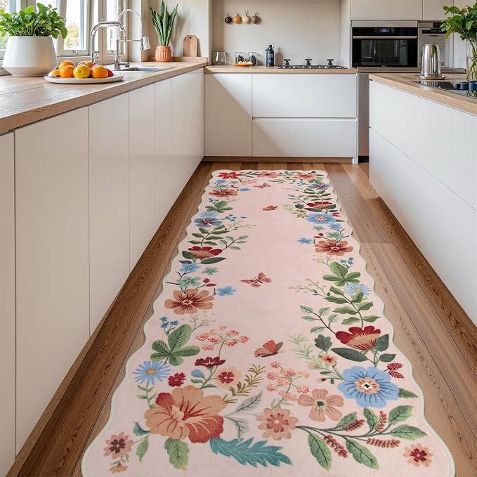 Lahome Floral Kitchen Runner, 2X6 Washable Runner Rug Non-Slip | Ultra-Thin Soft Hallway Rug Stain Resistant Boho Carpet for Bedroom Laundry Bathroom Flore, Light Pink