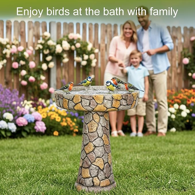 SKYFIRE 24" H Outdoor Bird Bath, Concrete Freestanding Pedestal Birdbath, Rustic Faux Stone Bird Bath Bowl for Garden, Patio, Yard, Lawn - 18.8" Dia. x 24" H Weather Resistant Garden Decoration