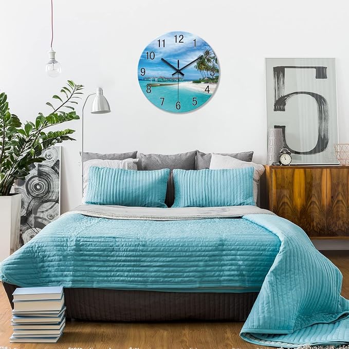 XFM Large Beach Wall Clock 20 Inch Silent Coastal Nautical | Non-Ticking Battery Operated Blue Modern Glass Decorative for Living Room Kitchen Bedroom Office