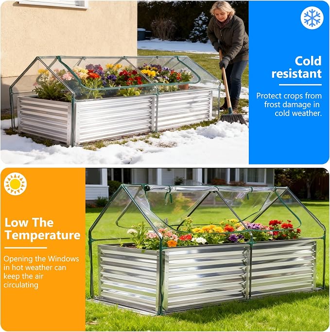 DUMOS Galvanized Raised Garden Bed with Cover, 6x3x2ft Metal Planter Box Outdoor for Deep-Rooted Vegetables Flowers Herbs, Garden Bed Mini Greenhouse for Patio Balcony Backyard, Open Bottom, Clear