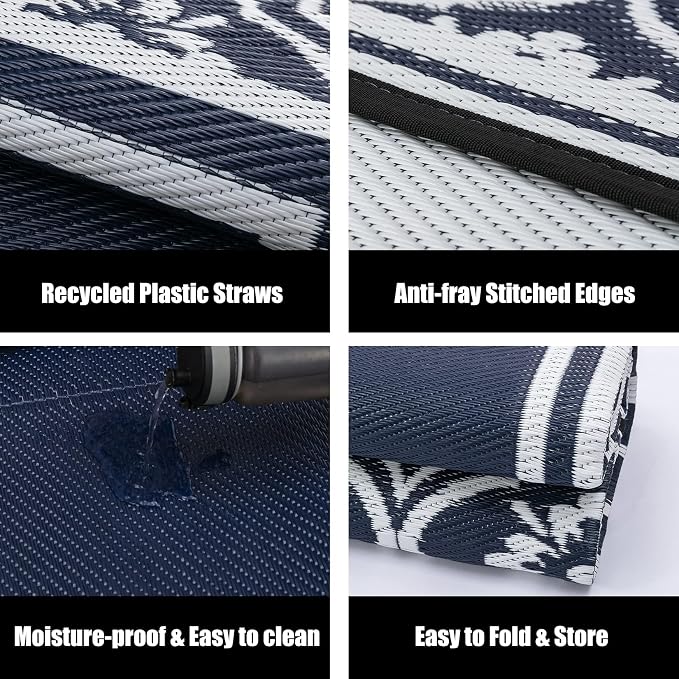 HUGEAR Outdoor Rug 8x10 Patio Camping Carpet Waterproof Mat Blue Outside Plastic Area Rug Reversible Rugs for RV Deck Entryance Porch Picnic Balcony Beach(8x10ft Navy Blue&White)