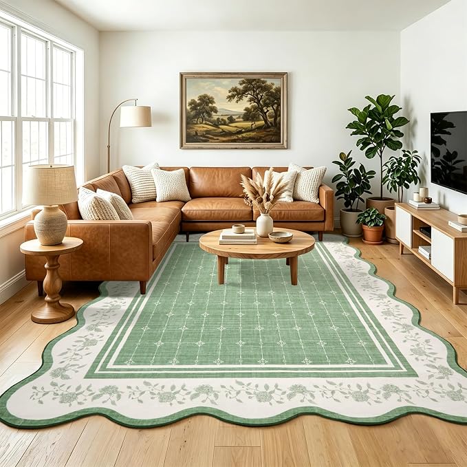 Garvee Washable Rugs for Living Room 8x10 Area Rugs Scalloped Rug Green | Modern Bordered Non Slip Large Kids Bedroom Carpet Indoor Stain Resistant Floor Cover for Bedroom Dining Room Office Nursery