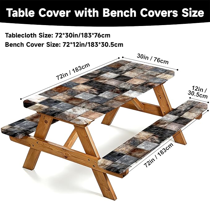 NYZE 3 Pieces Picnic Table Cover with Bench Covers Set, Camping Tablecloth, Tablecloth Cover with Drawstring Bag, Camping Essentials for Outdoor Picnics, Patio, BBQ (Stone Tile)