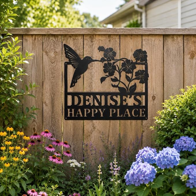 Personalized Garden Sign with Stake, Custom Metal Garden Name Sign for Outside, Hummingbird Flower Yard Decor, Outdoor Garden Stake Sign, Gifts for Gardeners, Mom, Grandma, Housewarming Gift