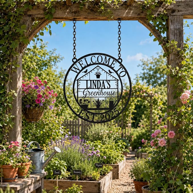 Personalized Hanging Garden Sign, Custom Metal Garden Name Sign for Outside, Outdoor Garden Decor, Yard Patio Flower Bed Decor, Gifts for Gardeners, Mom, Grandma, Housewarming