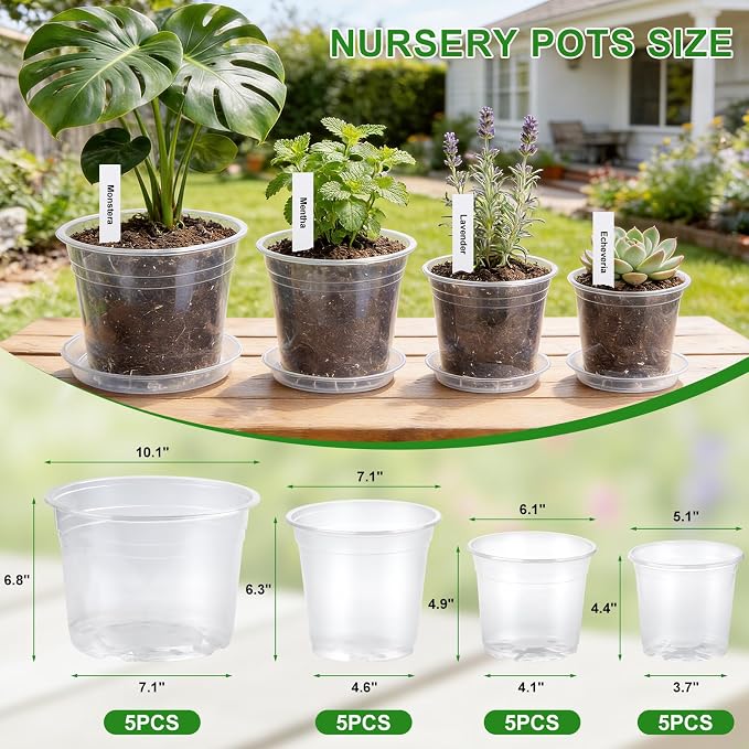 5/6/7/10 Inch Clear Nursery Pots with Drainage & Saucers 20PCS , Plant Large Pots with Labels, Seedling Tool & Hole Puncher, Plastic Nursery Pots for Succulents, Seedings, Herbs, Flowers, Vegetables