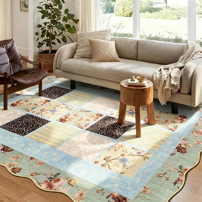 Quilted Floral Scalloped Rug 4x6 Washable, Thin Country Tribal Vintage Patchwork Rose Retro Bedroom Dorm Carpet, Cute Boho Shabby Chic Area Rugs for Dining Living Room Kitchen Entryway Nursery