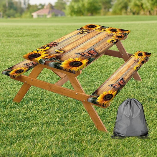 3PCS Picnic Table Cover with Bench Cover, Outdoor Patio Camping Essentials Farmhouse Sunflower Table Covers with Elastic Waterproof Camping Tablecloth with Drawstring Bag, 96In