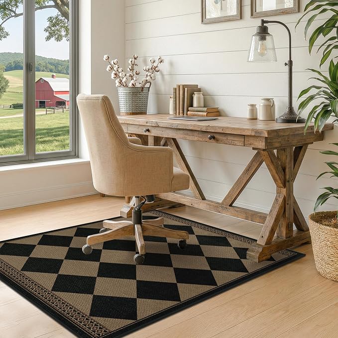 3x4 Checkered Outdoor Rug, Easy Jute Indoor Throw Rug for Entryway, Diamond Farmhouse Front Porch Rug, Boho Washable Non Slip Scandinavian Brown Black Mat for Kitchen, Patio, Bedroom, Backyard