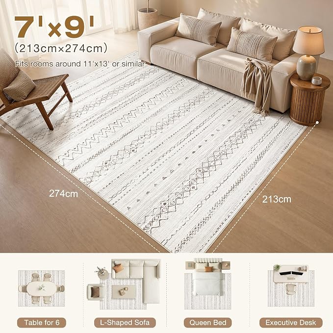 cotiled Boho 7x9 Area Rug for Living Room: Large Moroccan Washable Rug | Solve Modern Neutral Trendy Home Decor - Stain Resistan Indoor Carpet for Bedroom Dining Room Brown