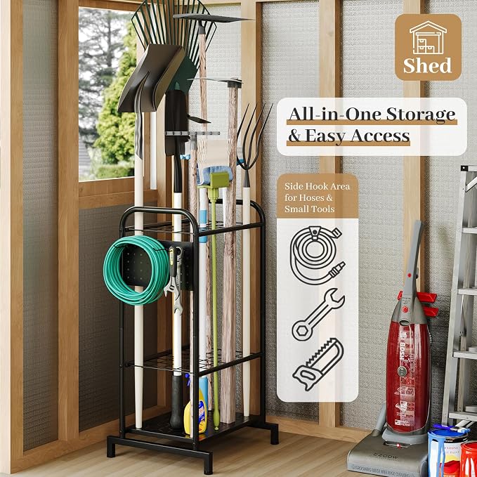 Garden Tool Organizer, Garage Tool Storage Rack, Heavy Duty Metal with Side Pegboard & Adjustable Hooks, Utility Racks for Shed, Patio & Outdoor Use