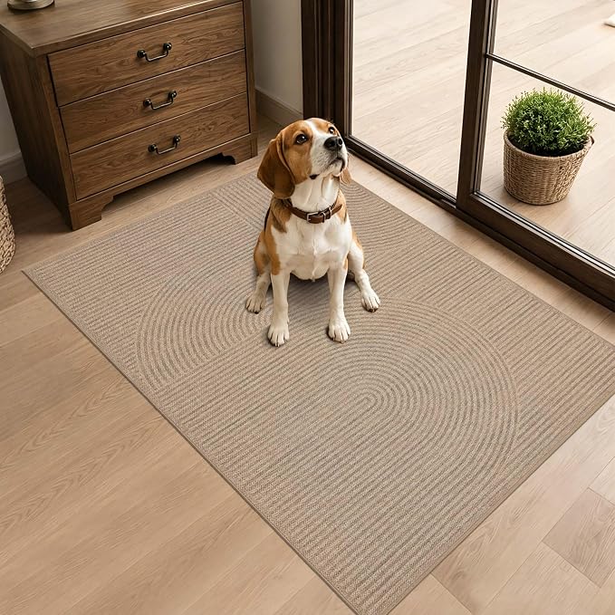 Outdoor Easy Jute Rug 2x3: Modern Natural Area Rugs for Front Patio Hallway Linen-Look Fabric Durable - Neutral Washable Mat for Entryway Kitchen Bedroom - Swirl Curved Pattern