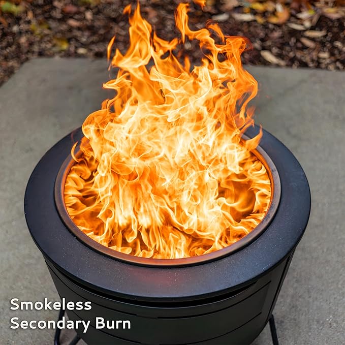TIKI 27.5-Inch Smokeless Reunion Fire Pit, Large Outdoor Fire Pit for Gatherings, Wood Burning with Removable Ash Pan & Weather-Resistant Cover, Modern Black Design – Perfect for Patio & Backyard