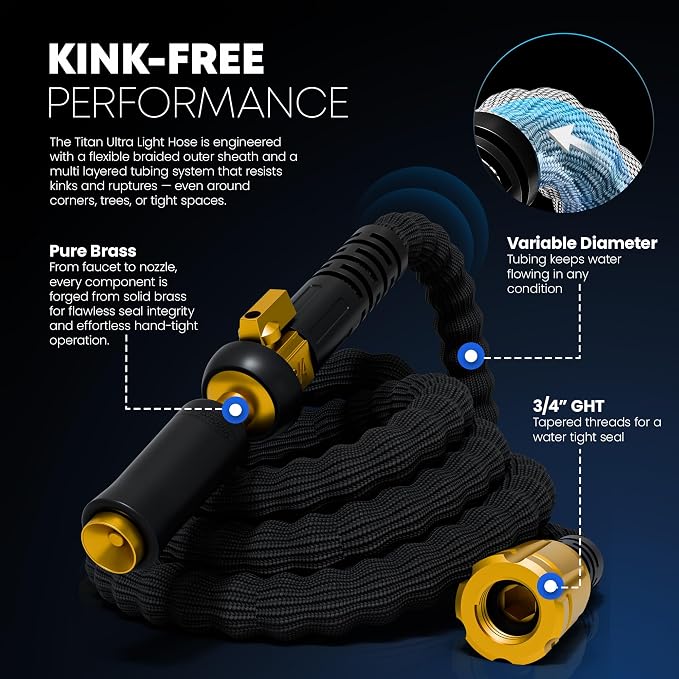 TITAN Flexible Garden Hose 50FT – Ultra Lightweight, Heavy Duty Water Hose with Brass Fittings & Jet Nozzle – Kink-Free, Non-Expanding, Durable Fabric Hose for Yard, Lawn, Car Wash, Outdoor Use