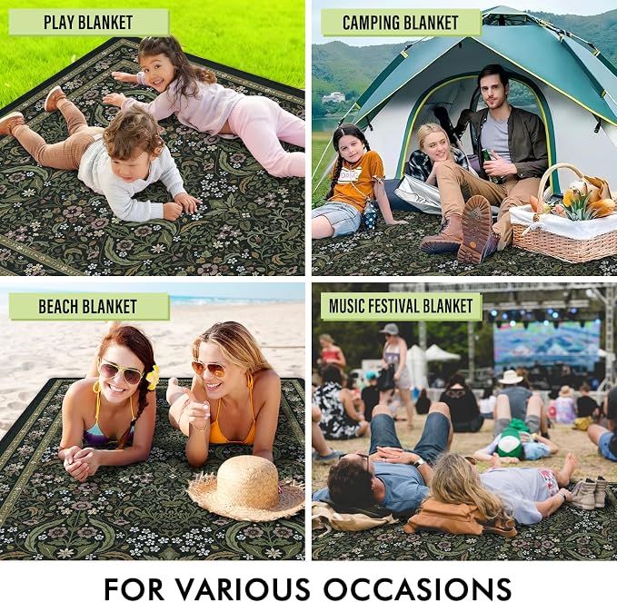 Floral Picnic Blankets Waterproof Foldable, 60″X80″ Packable Picnic Mat Vintage Outdoor Blanket for Grass, Large Beach Blanket Sandproof Picnic Accessories for Camping Music Festival Park Lawn Travel