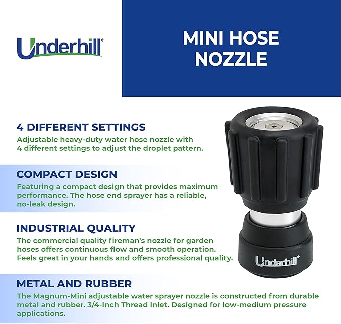 Underhill Magnum Mini Garden Hose Nozzle NG350 – Heavy Duty Adjustable Water Sprayer, 3/4 Inch Thread Inlet, Aluminum Body with Rubber Bumper, Jet Spray, High Pressure Hose Attachment