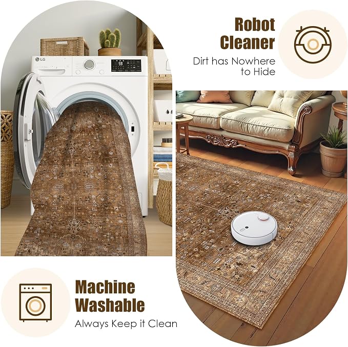 Washable Area Rug 4' x 6' Vintage Traditional Persian Mat - Foldable Distressed Non-Slip Machine Washable Carpet for Living Room Bedroom Kitchen Home Decor - Bronze and Ivory