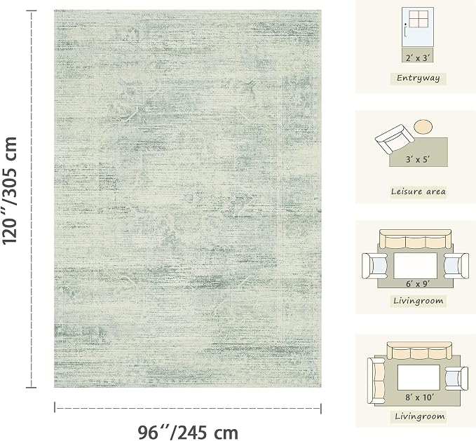 Latte&Fog 8x10 Area Rugs for Living Room Washeble Large Green Rugs Non Slip | for Bedroom Dining Kitchen Kids Playroom Nursery Classroom Dorm Farmhouse Office, Non Slip Low Pile Soft Floral Carpet Indoor