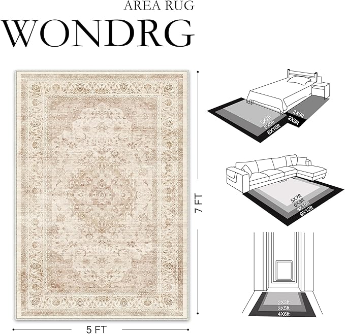 2x3 Beige Washable Area Rug Non Slip Vintage Carpet | Low Pile, Stain Resistant, Living Room, Kitchen, Bedroom, Entryway, Nursery, Laundry Room, Soft, Thin, Lightweight