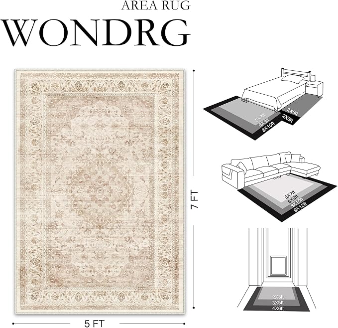 4x5 Beige Washable Area Rug Non Slip Vintage Carpet | Low Pile, Stain Resistant, Living Room, Kitchen, Bedroom, Nursery, Office, Dining Room, Hallway, Soft, Thin, Lightweight