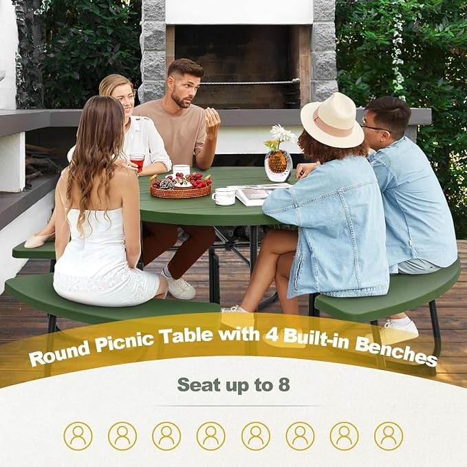 Round Picnic Table for Outdoors, 8 Person Outdoor Picnic Tables & Benches Set with Umbrella Hole, HDPE Tabletop & Metal Frame, 2000 LBS Capacity Table Bench Set for BBQ, Garden, Lawn, Patio
