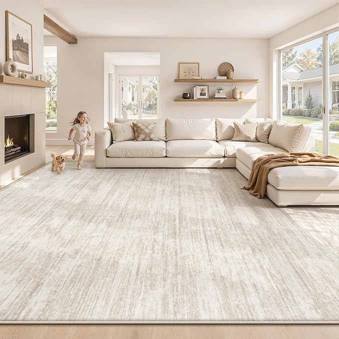 9x12 Area Rugs Living Room Rug: Washable Modern Abstract Rugs Neutral Non Slip Rug Soft Low Pile Indoor Bedroom Carpet for Nursery Office Dining Room Kids Room (Beige, 9'x12')