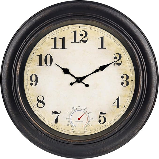 Large Outdoor Clocks Waterproof with Thermometer Combo Vintage Outdoor Wall Clock Decor for Patio Pool Garden(18 Inch)