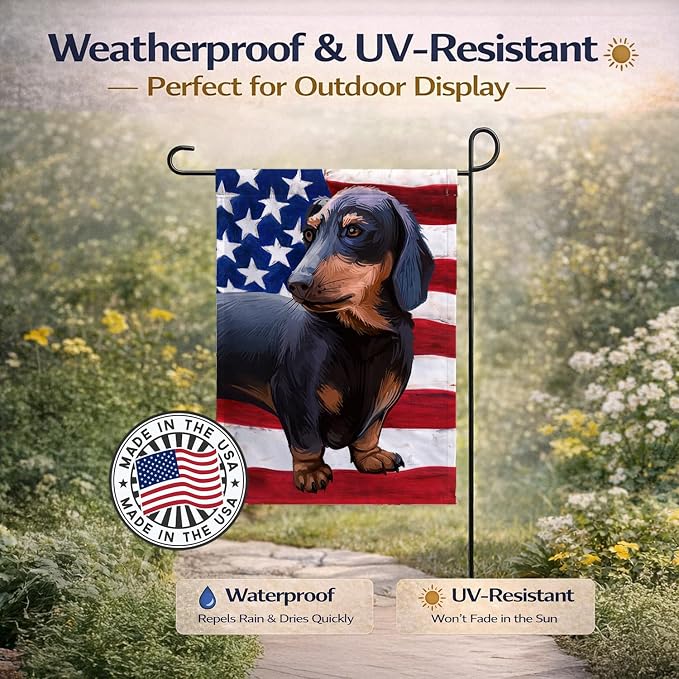 Caroline's Treasures CK6500GF Dachshund Dog American Flag Garden Flag Mailbox Flag Decorative Yard Flag Banner Outside Patio Artwork Yard Flower Beds, Garden Size, Multicolor