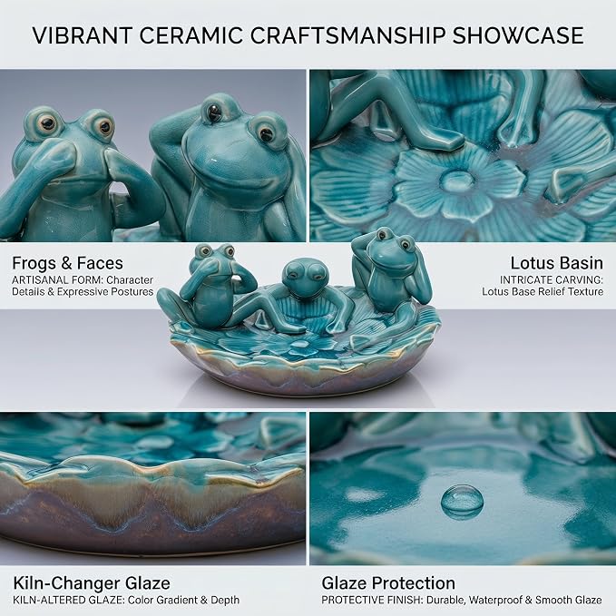 Topadorn Ceramic Bird Bath for Outside, 11.6" Frog Bird Bath with Unique Crackle Reactive Glaze, Decorative Garden Birdbath for Patio, Lawn & Backyard Decor