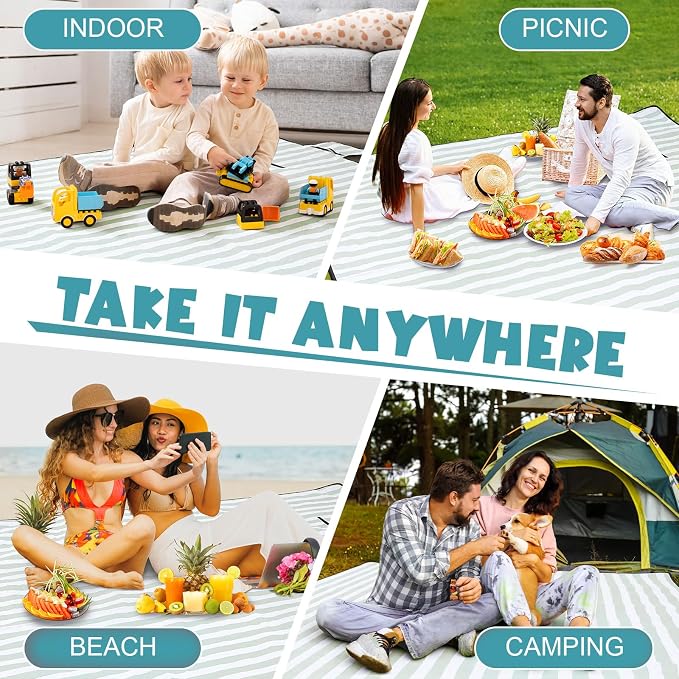 80" x 100" Extra Large Picnic Blankets Beach Mat Sandproof Waterproof Foldable Oxford Blanket Beach Mat Picnic Stuff for Family Camping Hiking Party Park Grass(Green and White,Stripe)