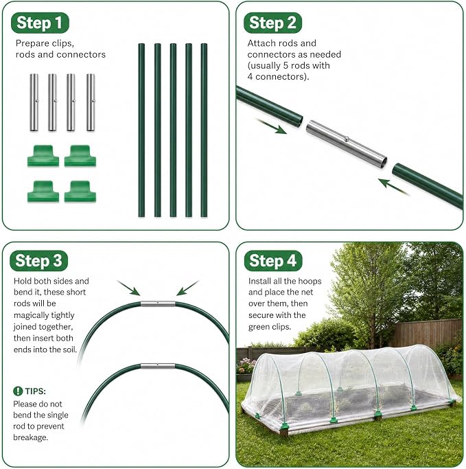 10×20 FT Ultra Fine Garden Mesh Netting with 36PCS Fiberglass Hoops, Reusable Raised Garden Bed Cover for Vegetables Fruits, Outdoor Garden Netting Kits for Greenhouse