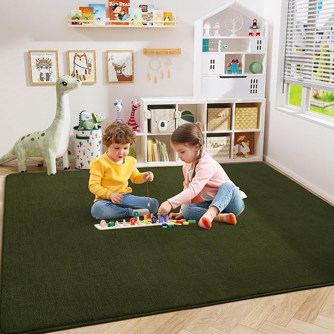 Amearea Olive Green Area Rugs for Bedroom Living Room, 4x6 Memory Foam Rug | Thickened Fluffy Indoor Washable Rugs Non Slip Minimalist Carpet for Kids Boys Girls Dorm Nursery Room Decor