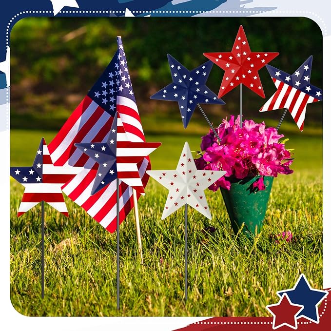 Pickmesh 6 Pcs 12" H 4th of July Outdoor Decor Patriotic Metal Yard Sign Star Red White Blue Garden Stake USA Flag American Yard Sign for Memorial Day Independence Veterans Labor Day Decoration