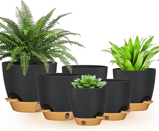 8/7/6.5/6/5.5/5 Inch Self Watering Pots for Indoor Outdoor Plants, Set of 6 Large Plastic Planters with Visual Water Window, Drainage Holes & Watering Lip, Modern Decorative Flower Pots (Black)