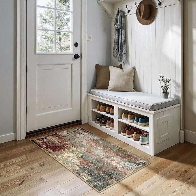 RELEANY Washable 2'x4' Abstract Area Rug for Living Room Rustic Brown | Carpet for Bedroom, Kitchen, Office, Hallway and Entryway, Printed Pattern, Non‑Slip, Soft, Stain‑Resistant, Easy to Clean
