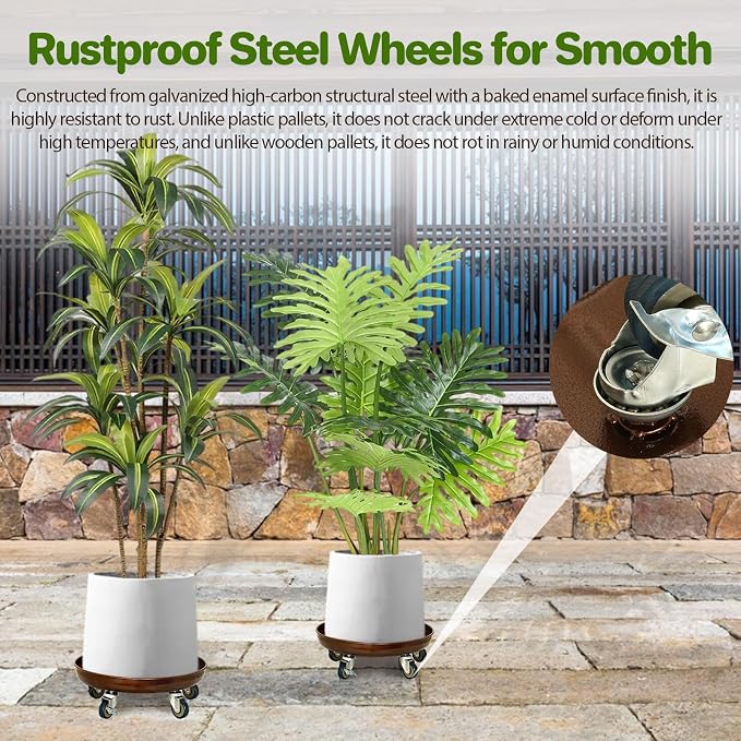Plant Caddy with Wheels, 17" Heavy Duty Metal Plant Dolly, 440 lb Capacity Rolling Plant Stand with 360° Locking Casters, Waterproof Planter Tray and Saucer for Indoor Outdoor Large Pots