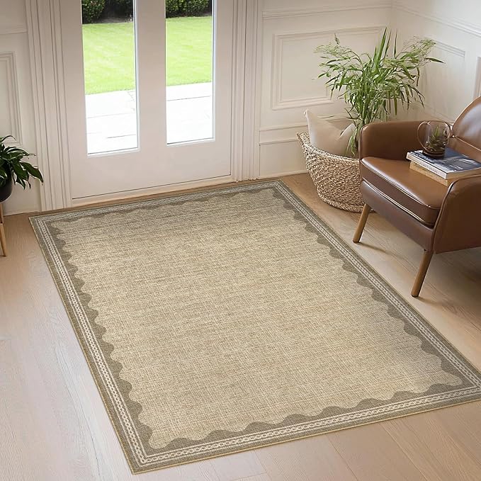 4x6 Scalloped Area Rugs Jute Washable Entryway Bedroom Rug | Solid Tan Rug for Bedroom Girls, Non Slip Throw Carpet With Rubber Back, Soft Dorm Nursery Scalloped Rugs for Dining Room