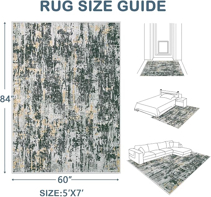 Area Rugs 5x7 Living Room: Washable Rug Modern Abstract Rugs Soft Non Slip Neutral Rug Stain Resistant Indoor Carpet for Bedroom Kitchen Dining Room Nursery Home Office Rugs(Black Grey Gold,5'x7')