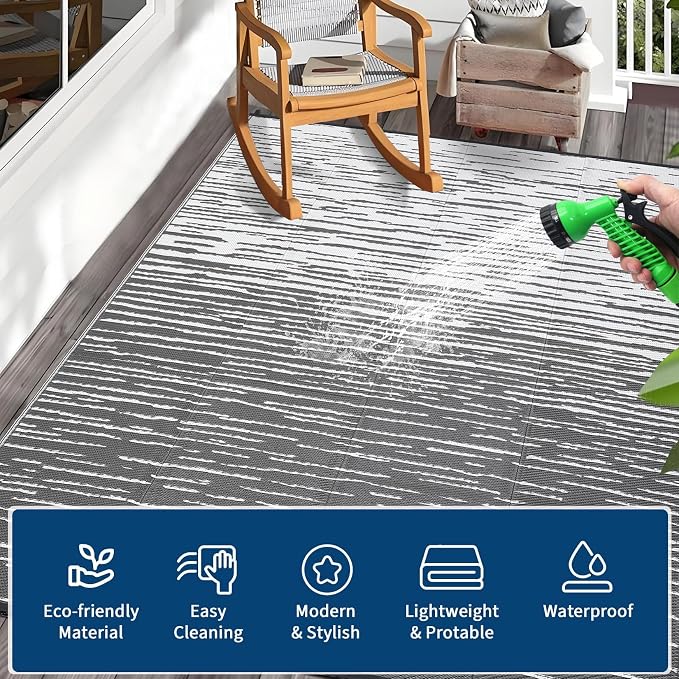 Garvee 6x9 Outdoor Rug Waterproof, Modern Striped Plastic Straw Rugs, Foldable Camping Rugs for Outside Your RV, Reversible UV Resistant Carpet for Backyard, Deck, Picnic, Balcony, Grey
