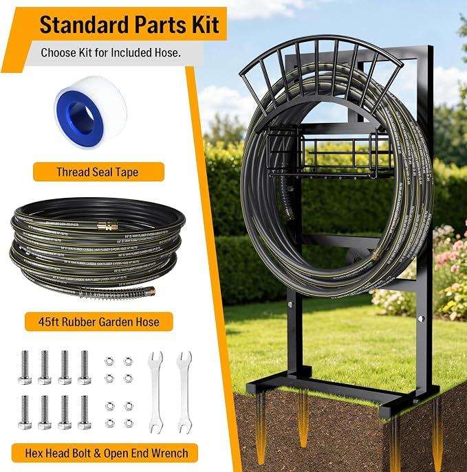 Garden Hose Holder with 45ft Kink Free Water Hose Kit, Metal Heavy Duty Freestanding Garden Hose Hanger Storage Stand, Hose Storage for Outside Yard Lawn Farm, Outdoor Organizer