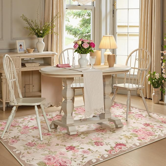 Lahome Floral Washable 3x5 Rug, Small Girls Rugs for Bedroom Soft Non-Slip,Entry Way Rugs Indoor Low Pile Carpet for Nursery Kids Playroom Nina Beige/Pink/Multi