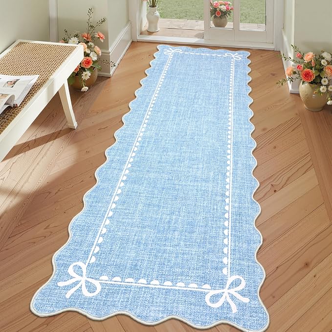 GarveeHome Scalloped Hallway Runner Rug 2.5x8 Non Slip Bedroom Rugs, Blue | Washable Bow Rug for Girls Dorm Nursery Living Room Entyrway Kitchen, Soft Low Pile Ultra-Thin Stain Resistant Indoor Carpet