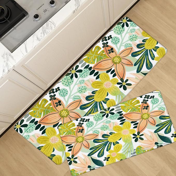 Tyrot Boho Floral Kitchen Mats Rugs Sets of 2 Cushioned Anti Fatigue Floor Mat Foam Comfort Kitchen Rugs Farmhouse Style Non Slip Waterproof Mid Century Botanical Standing Mat for Sink Laundry