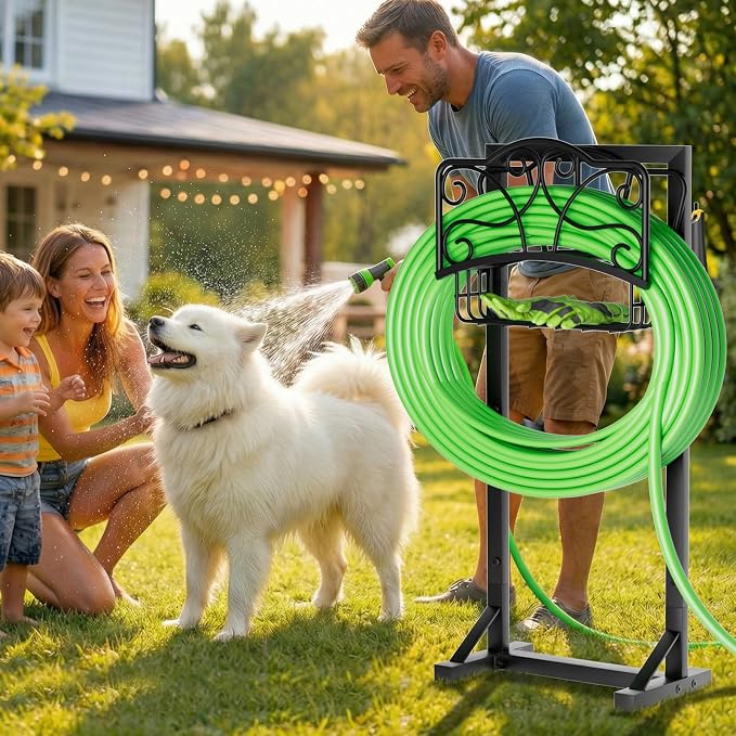 Heavy-Duty Garden Hose Holder with Storage Basket and Tool Hooks, XEAPOMS Stable Hose Hanger Metal Garden Hose Storage Holds 160Ft, Rustproof Freestanding Water Hose Holder for Outside,Yard,Lawn,Farm